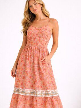 NWOT Sienna Sky Floral Midi Dress Pink Orange Flowers Boho Tie Back Adjustable L